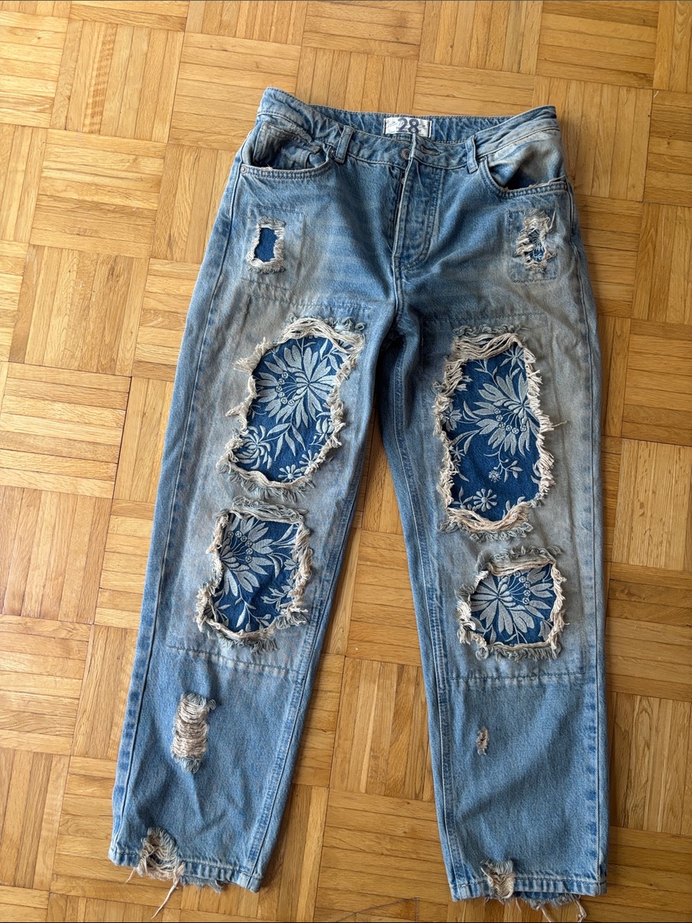 We The Free Light Blue Distressed Jeans with Blue Floral Patch Panels